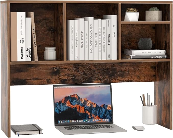 GOFLAME 4 Cubes Desktop Bookshelf, 37” Tabletop Wood Desk Shelf for Computer Monitor, Modern Countertop Desk Display Hutch Storage Organizer Shelf for Home Office, Dorm, Study, Rustic Brown