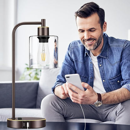 Industrial Touch Table Lamps Set of 2 - Bedside Lamps with 2 USB Ports & AC Outlet, 3-Way Dimmable Nightstand Desk Lamp for Bedroom Living Room, Glass Shade & 2 LED Bulbs Included - Oil-Rubbed Bronze