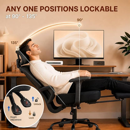 Ergonomic Office Chair with Footrest - High Back Mesh Computer Desk Chair | with Back Support, 135° Reclining, 4D Armrest & Headrest, 400lbs Thickened Seat Cushion, for Home Office, Work & Gaming