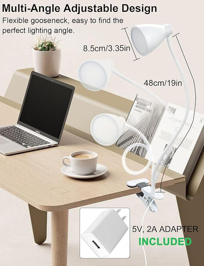 BOHON Clamp Lamp 5 Color Modes 10 Brightness Dimmer Bedside Lamp, White | Reading Light 10W 38 LED Desk Lamp with Auto Off Timer 360° Flexible Gooseneck Clip on Light for Bed Office, Adapter Include