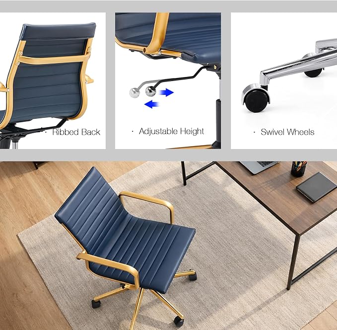COROCC Office Desk Chair Modern Conference Room Task Chairs Leather Computer Swivel Excutive Ribbed Ergonomic Rolling Gold Desk Chair for Home Office