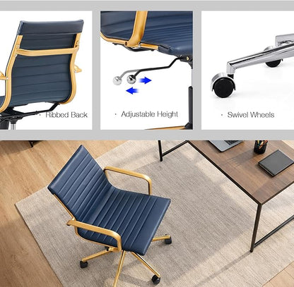 COROCC Office Desk Chair Modern Conference Room Task Chairs Leather Computer Swivel Excutive Ribbed Ergonomic Rolling Gold Desk Chair for Home Office