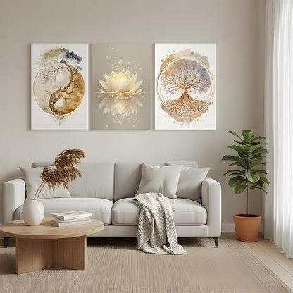 Tree of Life Wall Art Canvas Framed Set of 3 Lotus Zen Wall Decor Painting Poster Abstract YinYang Fall Art Picture Print Artwork for Living Room Yoga Room Bedroom Home Decoration 16x24 inch