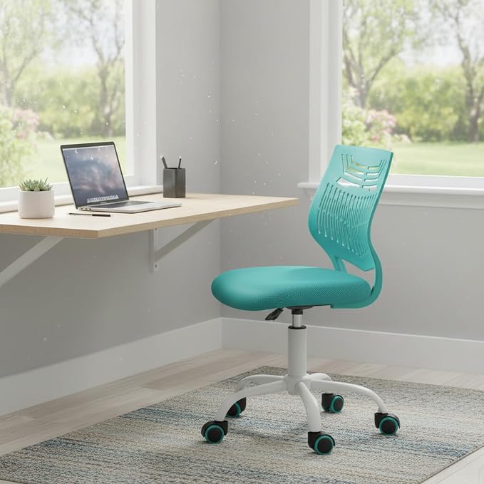 FurnitureR Desk Chair Armless, Adjustable Small Home Office Task Chair with Mesh Padded Cushion, Swivel Study Computer Chair with Rolling Wheels for Children Kids Teens Students, Aqua Green
