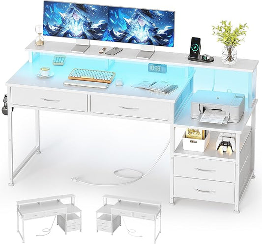 MUTUN 53" Computer Desk with 4 Drawers & Power Outlets, Reversible Home Office Desk with Monitor Stand & Printer Stand, Gaming Desk with Led Lights, Study Writing Work Desk Table for Bedroom (White)