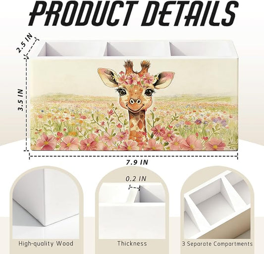 Giraffe Cottagecore Flower Pen Pencil Holder for Desk, Giraffe Gifts for Women, Animal Lovers Gifts Wooden Box Sign Decorations for Girls Room Bedroom Home Office Desk Tabletop
