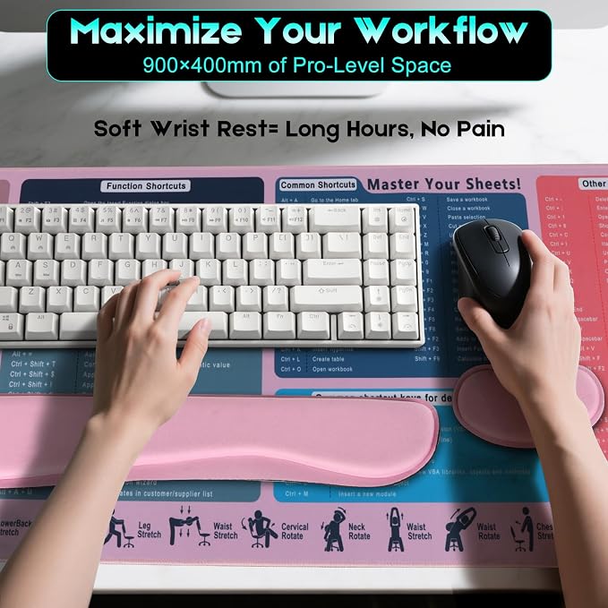 Excel Cheat Sheet Mouse Pad | XXL Non-Slip Desk Mat with Shortcuts for Office & Home(Pink)