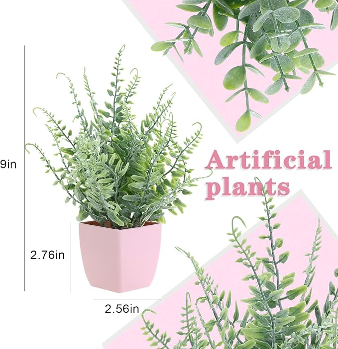 summer flower 2 Pack Small Fake Plants in Pink Pot Artificial Plant Eucalyptus Faux Potted Greenery Wheal Grass for Home Decor Indoor Bathroom Office Desk Shelf Bedroom Kitchen Cabinet Decorations