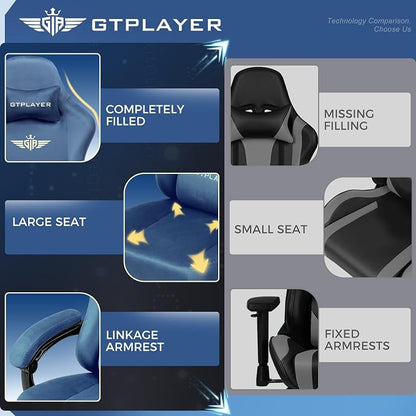 GTPLAYER Big and Tall Gaming Chair 400lbs Heavy Duty Office Chair with Foot Rest, High Back Pocket Spring Ergonomic Computer Chair for Adults, Wide Comfy Seated Cushion with Linkage Armrests, Blue