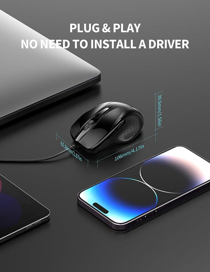 TECKNET USB Wired Mouse, 6-Button Corded Computer Mouse with 4 Adjustable DPI, Optical Computer Mice with Ergonomic Design and 5FT Cord for Laptop, Chromebook, PC, Desktop, Mac, Notebook-Black