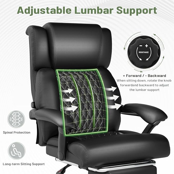 HOMREST 500lbs Big and Tall Office Chair, Ergonomic Heavy Duty Chair with Adjustable Lumbar Support & Backrest, Executive Leather Office Chair with Wide Armrests and Wheels (Black)