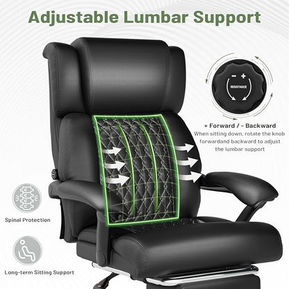 HOMREST 500lbs Big and Tall Office Chair, Ergonomic Heavy Duty Chair with Adjustable Lumbar Support & Backrest, Executive Leather Office Chair with Wide Armrests and Wheels (Black)