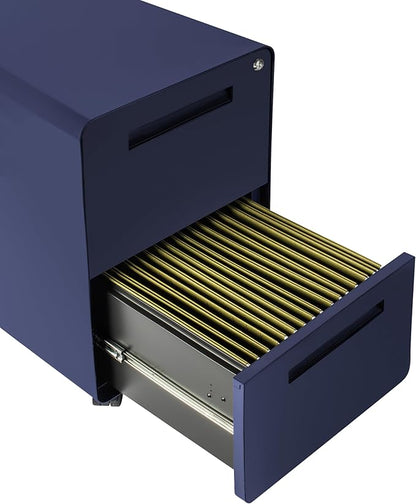 Laura Davidson Furniture Stockpile 2 Drawer Mobile File Cabinet with Lock - Under Desk Metal Filing Cabinet, Legal/Letter File Folders, Wheels and Stationary Feet, Pre-Assembled, Navy Blue