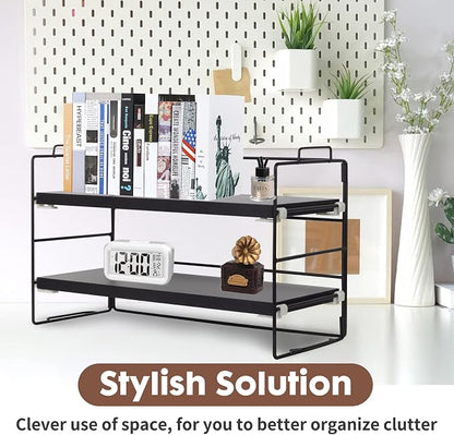PowerKing Desk Shelf Organizer, 2-Tier Desktop Shelves with Wood Board, Adjustable Bookshelf Storage Rack for Home Office School Study Room (Black Frame + Brown Wood)