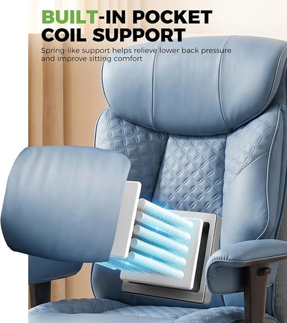 GTPLAYER Big and Tall Office Chair, High Back Computer Gaming Chair with Ergonomic Lumbar Support &Pocket Spring Cushion for Lower Back Pain Relief, Leather Executive Chair with Foot Rest, Blue