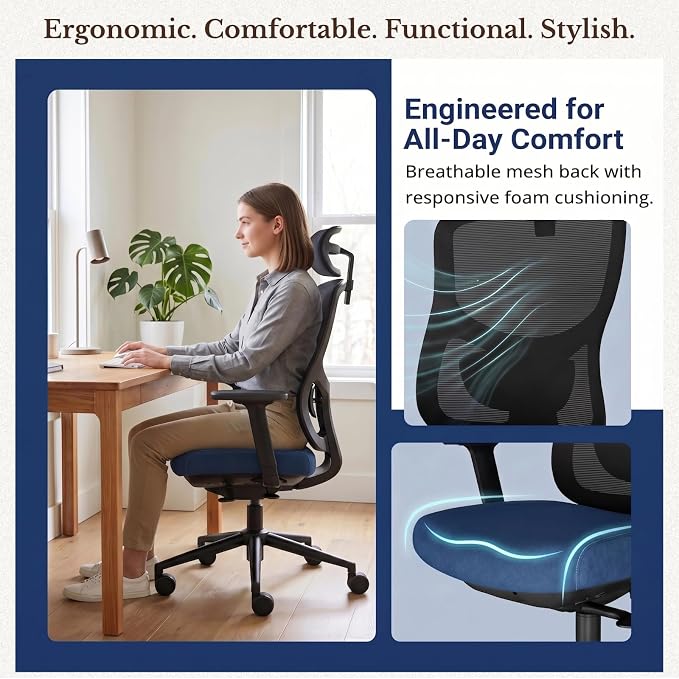 Ergonomic Office Chair with Breathable Mesh Back & Thick Cushion Seat, 4D Armrests, 3D Headrest, Adjustable Lumbar Support & Seat Depth, High Back Desk Chair with Tilt Lock (Blue)