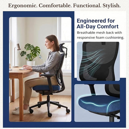 Ergonomic Office Chair with Breathable Mesh Back & Thick Cushion Seat, 4D Armrests, 3D Headrest, Adjustable Lumbar Support & Seat Depth, High Back Desk Chair with Tilt Lock (Blue)