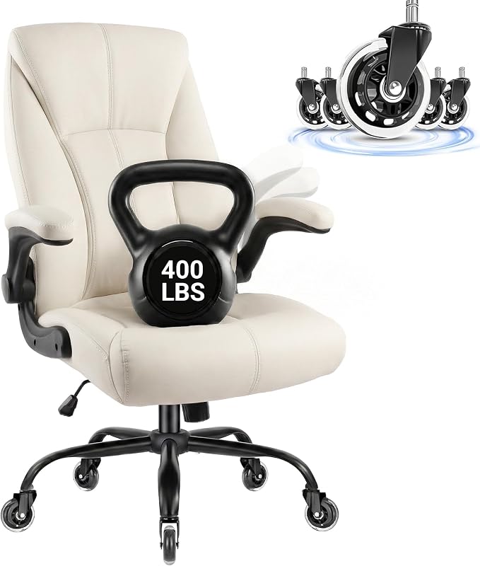 Big and Tall Office Chair for Heavy People, 400LBS High Back Extra Wide Executive PU Leather Office Chair with Flip-Up Armrests, Quiet Rubber Wheels, Comfortable Home Office Desk Chair (White)