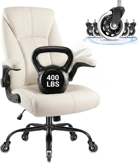 Big and Tall Office Chair for Heavy People, 400LBS High Back Extra Wide Executive PU Leather Office Chair with Flip-Up Armrests, Quiet Rubber Wheels, Comfortable Home Office Desk Chair (White)