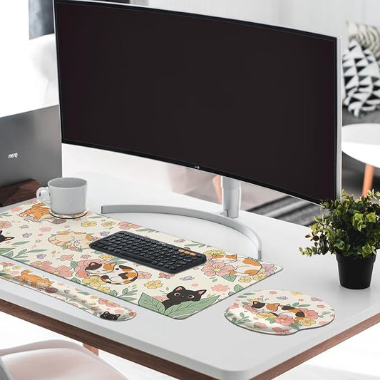 Britimes Cute Floral Cat Keyboard Mouse Pad Set Butterfly Cottagecore 4in1 Large Mousepad+Keyboard Wrist Rest+Mouse Wrist Rest+Coaster Ergonomic Design for Home Office Computer 35.4x15.7 inches