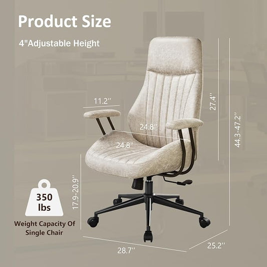 High Back Home Office Chair, Mid Century Vintage Executive Chair,Comfy Ergonomic Rolling Office Task Chair with Lumbar Support, Faux Leather Office Chair,Beige