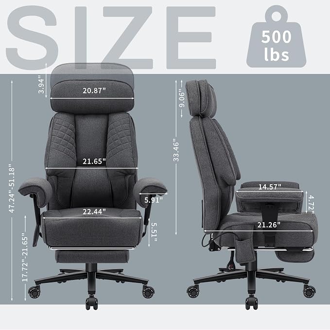 HOFFREE 500lbs Big and Tall Office Chair for Heavy People Executive Office Chair with Wide Seat High Back Computer Desk Chair with Adjustable Lumbar Support Grey Fabric