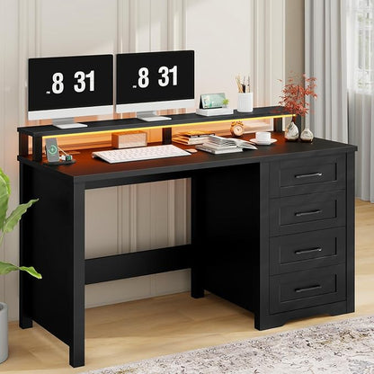 Vabches 47" Farmhouse Executive Desk with Monitor Stand and LED Lights,4 Drawers Computer Desk with Power Outlets,Large Workspace for Work Study Writing.(Pure Black)