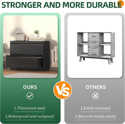 Lateral File Cabinet 2 Drawer, Metal File Cabinet with Lock | Filing Cabinets for Home Office, Black Locking Deep Drawer for Hanging Files Letter/Legal/A4/F4 Size, Assembly Required