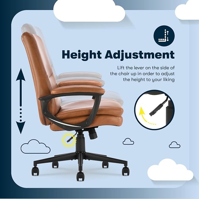 Serta Comfort Modern Executive Office Chair, Ergonomic Mid-Back Computer DeskChair, Semi Plush Cushion Seat, Double-Layer SertaQuality Foam, Padded Armrests, Metal Swivel Base, Bonded Leather, Cognac
