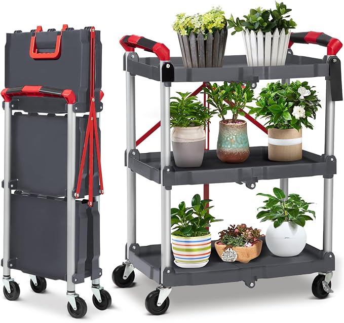Garvee Collapsible Folding Utility Cart with Wheels, 3 Tier Rolling Service Cart for Kitchen, Office, Shopping, Garage