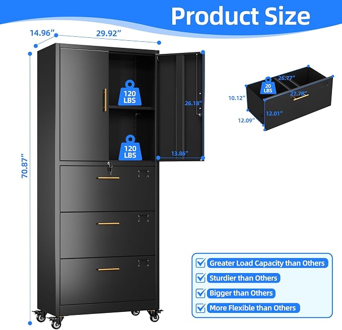METAN Metal Storage Cabinet with 3 Drawers and 2 Doors, Lockable Rolling File Organizer on Wheels for Home Office, for Letter/Legal Size,Black, Assembly Required