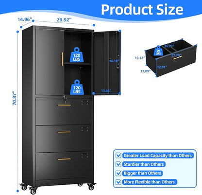 METAN Metal Storage Cabinet with 3 Drawers and 2 Doors, Lockable Rolling File Organizer on Wheels for Home Office, for Letter/Legal Size,Black, Assembly Required