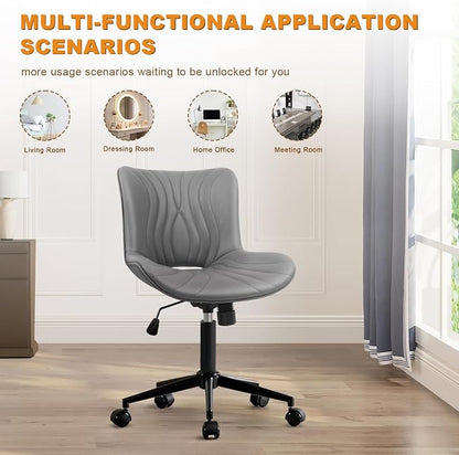 Armless Office Chair, Height Adjustable Desk Chair with Wheels, Ergonomic Comfy 360° Swivel Home Office Computer Task Chair, Faux Leather Padded Cute Vanity Chair, Gray