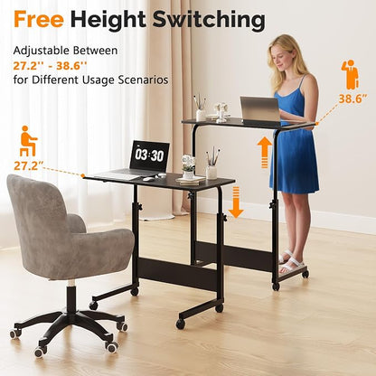 VINGLI Portable Computer Workstation, Standing Desk Adjustable Height, Small Computer Desk w/Rolling, Sit Stand Laptop Desk TV Tray for Bed Sofa Hospital Reading Eating, Black, 31.5"