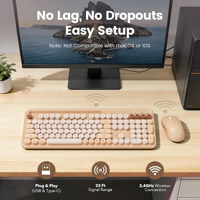 Wireless Keyboard and Mouse Combo, Retro Round Keycaps, Full-Size Typewriter Keyboard with Phone/Tablet Holder, Ergonomic Mouse with 3-Level DPI, 2.4GHz Connection for Windows/PC (Beige Colorful)