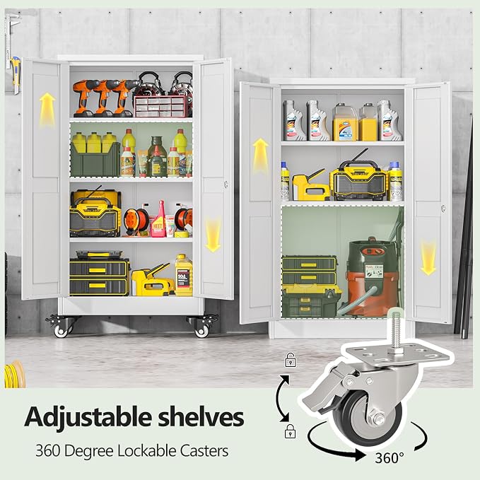 Metal Garage Storage Cabinets and storage system, 46”Tall Rolling utility cabinet with Wheels, Lock, 3 Adjustable Shelves, Heavy Duty Steel Tool Locker for Home Office, Utility Room, Gym,White