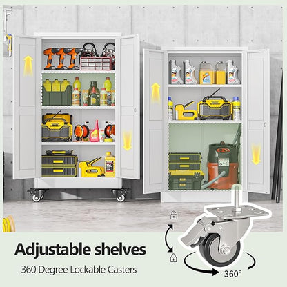 Metal Garage Storage Cabinets and storage system, 46”Tall Rolling utility cabinet with Wheels, Lock, 3 Adjustable Shelves, Heavy Duty Steel Tool Locker for Home Office, Utility Room, Gym,White