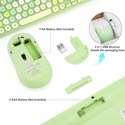 Wireless Keyboard and Mouse Combo, Retro Typewriter Keyboard with Round Keycaps, 2.4GHz USB Cute Wireless Keyboard Mouse for Computer, Desktop, Laptop (Green Colorful)