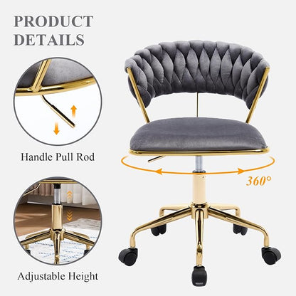 NIOIIKIT Home Office Chair, Velvet Upholstered Task Chair with Woven Open Back, 360° Swivel Desk Chair with Wheels, Adjustable Vanity Chair, Computer Chair for Office, Studio (Grey)