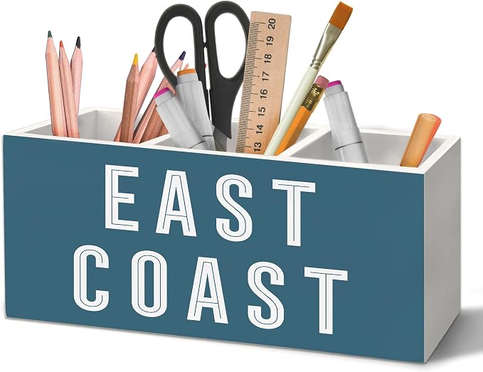 Coastal East Coast Pen Holder Organizer for Desk Accessories, Blue Beach Coastal Cowgirl Wooden Box Sign Desk Decorations for College Girls Dorm Beachy Room Decor, East Coast Decor