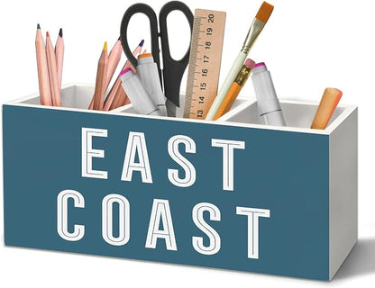 Coastal East Coast Pen Holder Organizer for Desk Accessories, Blue Beach Coastal Cowgirl Wooden Box Sign Desk Decorations for College Girls Dorm Beachy Room Decor, East Coast Decor