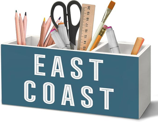 Coastal East Coast Pen Holder Organizer for Desk Accessories, Blue Beach Coastal Cowgirl Wooden Box Sign Desk Decorations for College Girls Dorm Beachy Room Decor, East Coast Decor