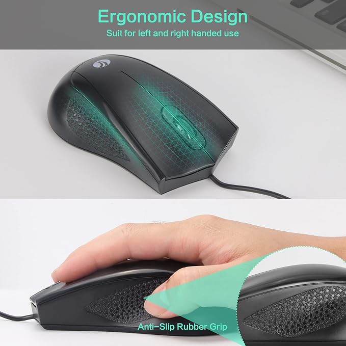 VCOM Wired USB Mouse with 6-Foot Cord, 1200 DPI, Right or Left Hand Use, Ergonomic Design, Black