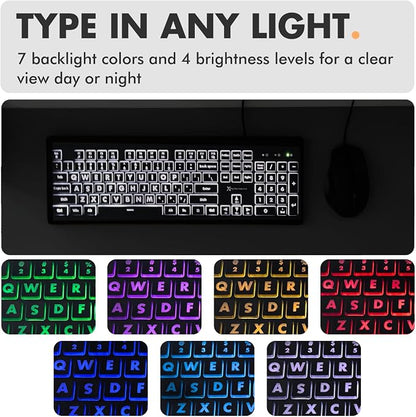 X9 Performance Wired Keyboard and Mouse Combo - Large Print Backlit Keys for Seniors, Lighted Computer Keyboard Wired, 7 LED Colors, 4 DPI Modes, USB Plug and Play for Windows PC