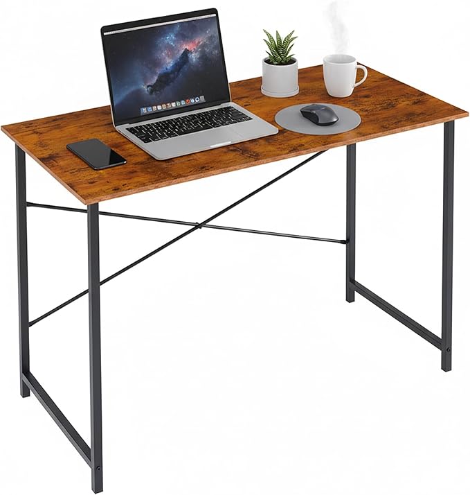 Computer Desk 48 Inch, Home Office Desk Simple Study Writing Table, Sturdy Metal Frame, Scratch-Resistant MDF Desktop for Bedroom Dorm Workspace, Brown