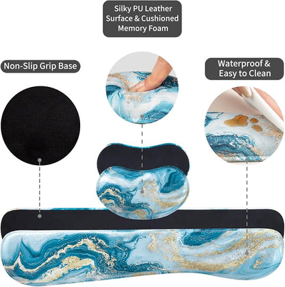 QIYI Leather Desk Mat Set, 4-in-1 Large Mouse Pad with Ergonomic Wrist Rest, Waterproof Desk Pad + Keyboard Wrist Rest + Mouse Wrist Support+Coaster, Non-Slip Office Gaming Accessories, Blue Fluid Art