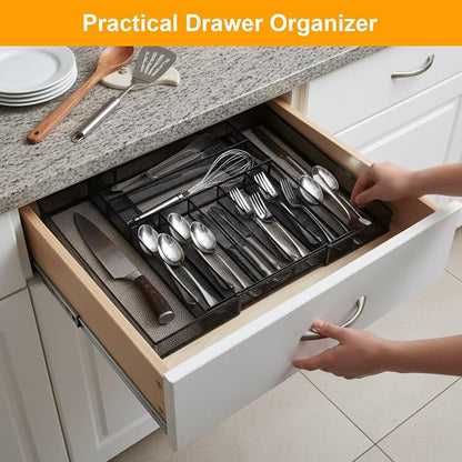 2 Pcs Utensil Drawer Silverware Organizer, Metal Mesh Expandable 13" ~24" Kitchen Drawer Organizer, 7-9 Slots Cutlery Tray Dividers for Kitchen Flatware Christmas Housewarming Gift (Black)