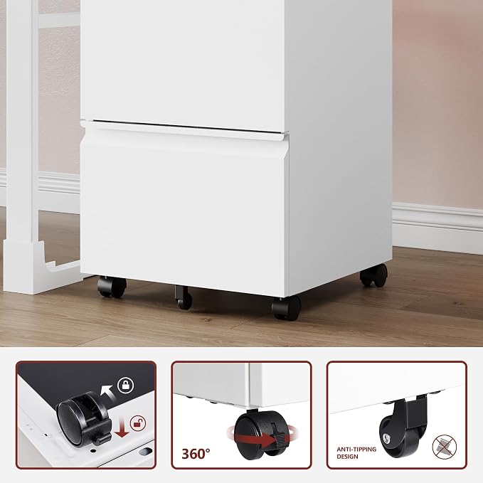 RAVIGIN 2 Drawer File Cabinet，Mobile Filing Cabinet with Lock and Wheels，Fully Assembled Metal Under Desk File Cabinets for A4/Letter/Legal Size（White