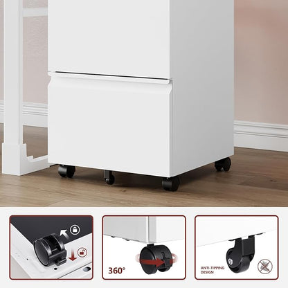 RAVIGIN 2 Drawer File Cabinet，Mobile Filing Cabinet with Lock and Wheels，Fully Assembled Metal Under Desk File Cabinets for A4/Letter/Legal Size（White