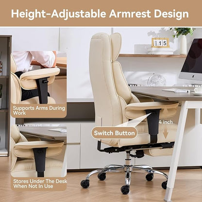 Efomao Executive Office Chair, Beige Fabric Big and Tall Desk Chair | Breathable fabric, pocket spring & foam seat, retractable footrest, 135° recline for computer gaming setup